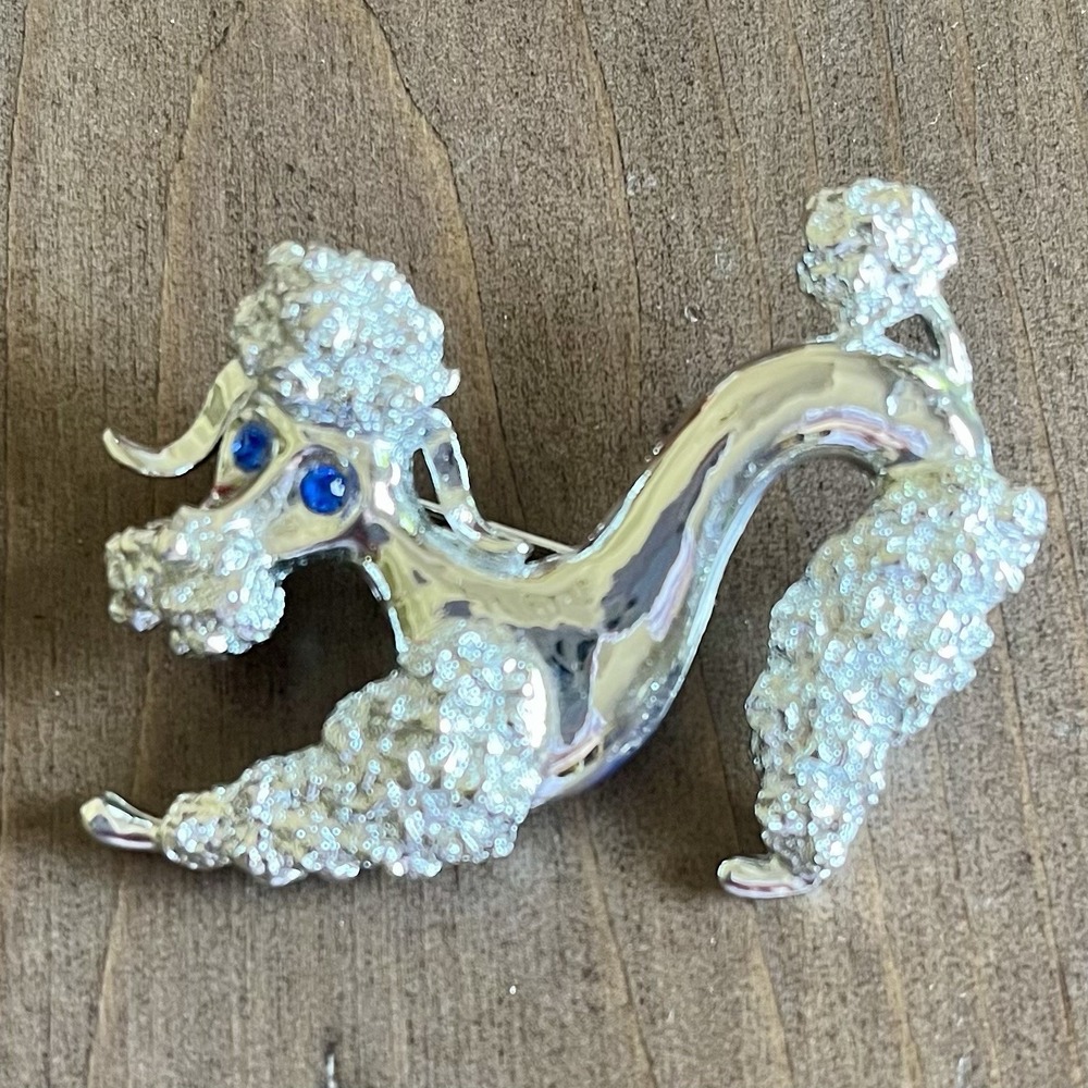 Vintage Gerry's Silver Tone Blue Rhinestone Poodle Dog Brooch Pin